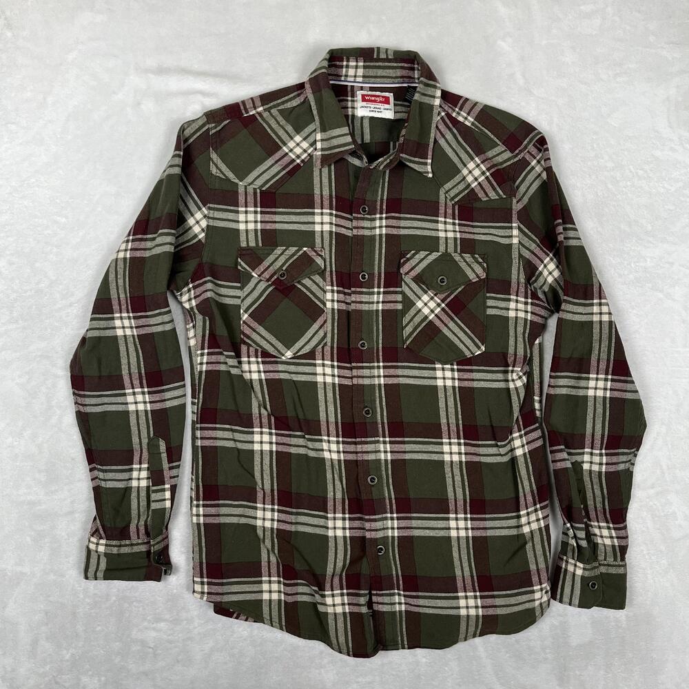 Wrangler Shirt Mens Medium Green Plaid Flannel Long Sleeve Button Front Casual